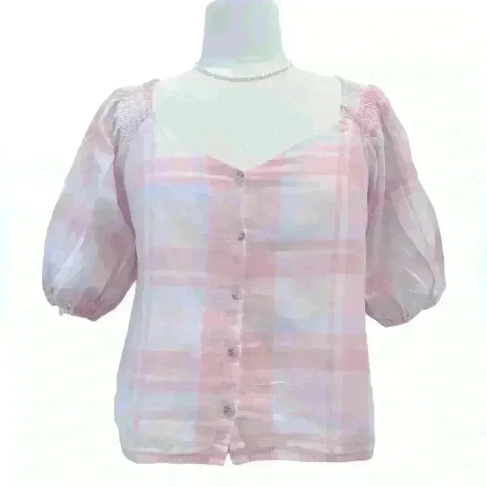 LUSH- women’s cute pink plaid blouse